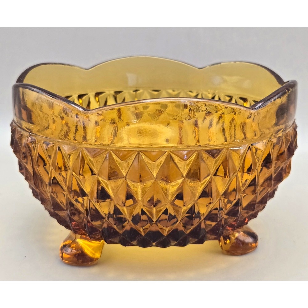 Vintage Amber Indiana Glass Bowl w/ 3 Rests Diamond Pattern 5" Across B#38